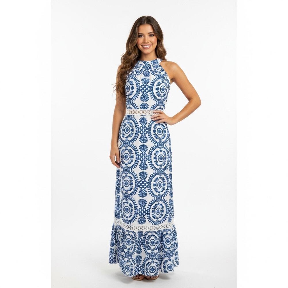 Mediterranean Maxi Dress Blue White Halter 3X Resort Vacation Cruise  European
